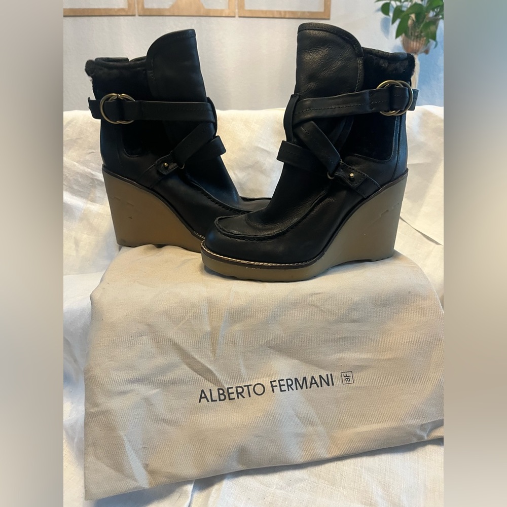NWOB Alberto Fermani Black Leather Wedge Bootie